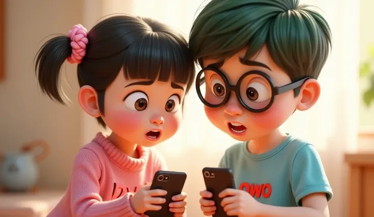 A close-up scene focusing on boy and girl from the waist up, engaged in a playful argument over a smartphone, illustrated in 3D Pixar animation style with a pastel color palette. Uwu, a  cute girl with her hair styled in two buns and bangs, Clear hair fibe...