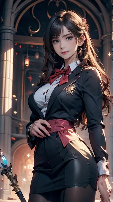 Young woman, Kurimoto Maki, member of occult club, mysterious, black magic, long hair, dark-colored hair, unique personality, eerie atmosphere, magical props (e.g., magic wand, scrolls), mysterious gaze, smile with a touch of mischief, high school uniform,...