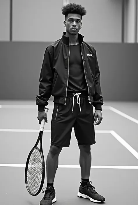 Take a picture of Nick Kyrgios in a daring tennis outfit with a full-length racket in his hands on a monochrome tennis court 