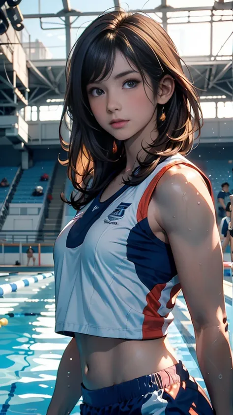 Young woman, Mikimoto, swimming club member, athlete, sports uniform, high school uniform, medium-length hair, black or dark brown hair, youthful expression, full of energy, youthful vibe, approachable, part of a group, relatively low-key, healthy body, dy...