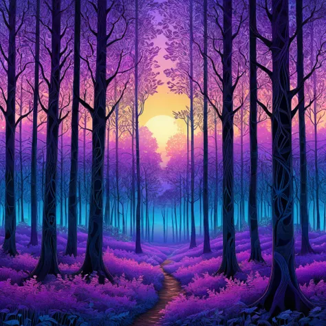 Best quality, high resolution, best composition, Zentangle style, forest at dusk, a grove of very tall, thin-trunked trees, their leaves are vibrant shades of purple and blue, there is dense undergrowth, a golden mist hangs in the sky, the sun can be seen ...