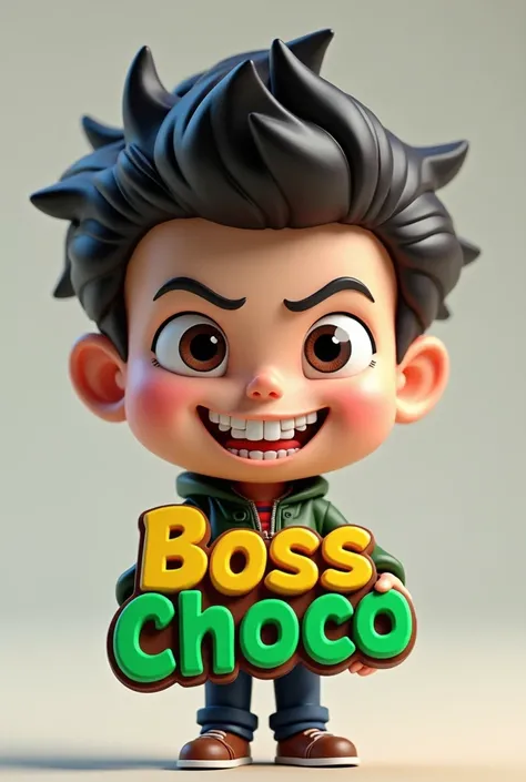 3D caricature of a boy, key chain. High-quality realistic photo, and there is the name "BOSS CHOCO" in 3D letter style, embossed and realistic, in green yellow, indium white and black, 