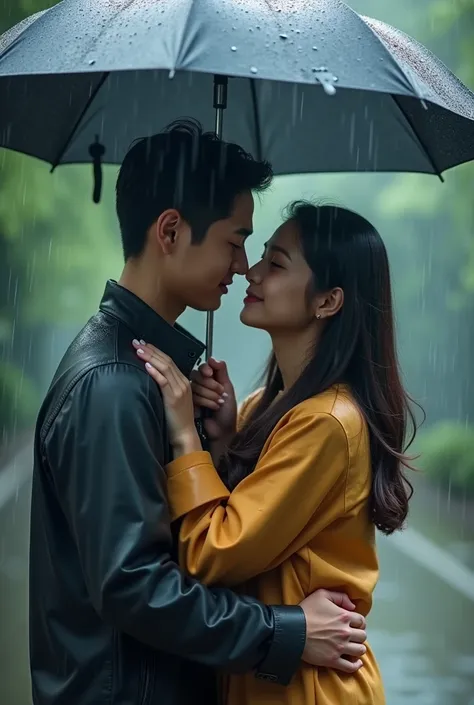 a pair of Asian lovers who were caught in the rain, The handsome man held up an umbrella to shade the beautiful and cute woman. The woman was hugging the man&#39;s body while closing her eyes and smiling sweetly, The rain around her was very heavy and some...