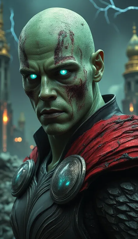 undefined, undefined, undefined, undefined, "A haunting zombie version of Thor, with pale, rotting skin and glowing blue zombie eyes. His iconic red cape is torn and fluttering in the dark wind, while Mjolnir is covered in cracks and dripping with a myster...