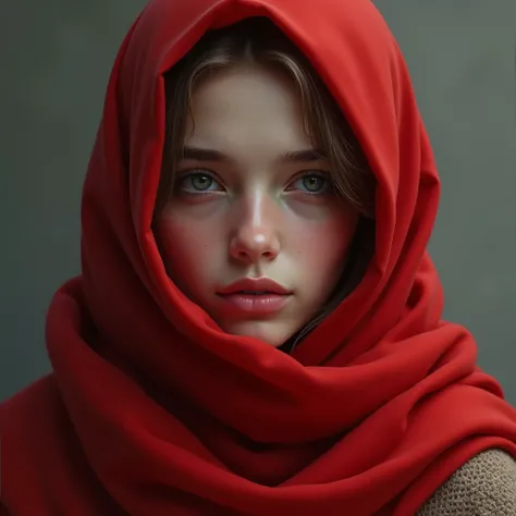 a beautiful girl wrap or scarf red color worn around the neck and face for warmth.