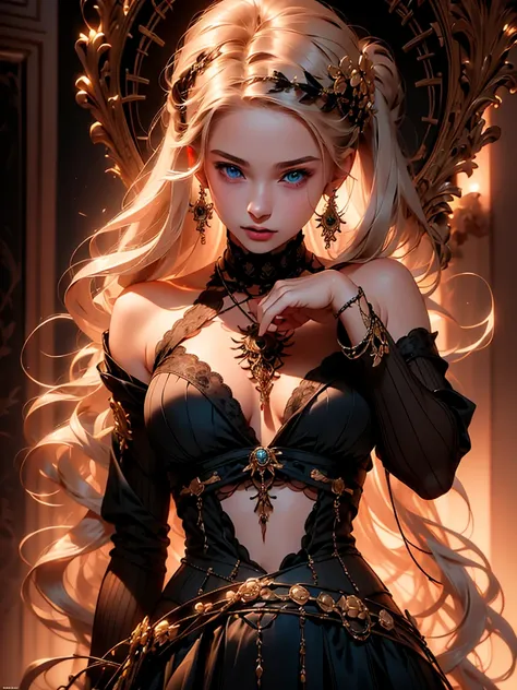 A young woman, She possesses bright blue eyes, a serious expression, and a slender build. Her long, styled white hair is pulled back, adorned with a dark floral hairpiece featuring dark red blossoms. She wears a black, low-cut top featuring intricate lace ...