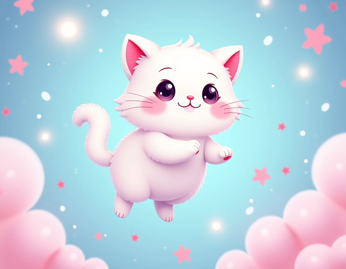 A cute, cartoon white cat with large, expressive eyes, a gentle smile, and soft pink ears, floating in a dreamy, pastel-blue and pink background with glowing, ethereal sparkles and tiny flowers.  The cats fur has a soft, fluffy texture, and the overall sty...