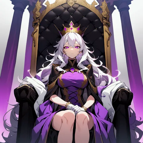 [high quality, best quality], 1girl, hell, hellish background, white hair, neon purple hair, gradient hair, long hair, wavy hair, messy hair, noble clothes, crown, glove, sitting on a throne, looking at viewer, expressionless, arrogant, aristocrat, medium-...