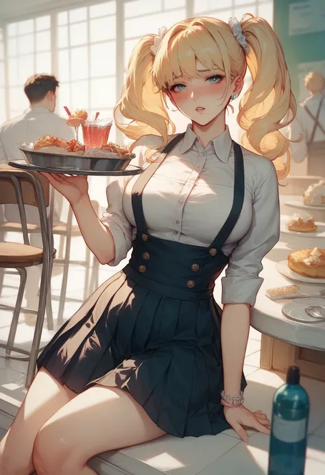 Anime-style cover: A black-haired boy in a white shirt and apron points at a spilled tray on the floor. A blonde girl with twin-tails, blushing nervously in a blouse and pleated skirt, raises her hands defensively. Set in a cozy restaurant with soft pastel...