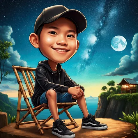 a 25 year old Indonesian young man with thin hair, a baseball cap wearing a black hoodie, cool jeans shorts and black leather shoes, sitting on a chair made of bamboo on a rural cliff, a comfortable atmosphere at night with a calm sky filled with itbright ...