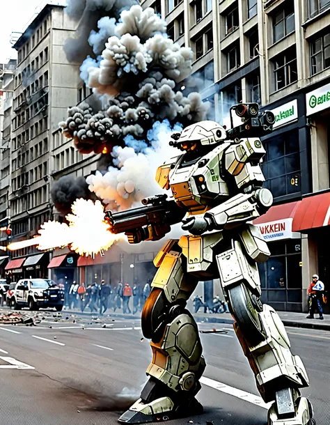 HRS,(a heavy mech:1.2), (hawken:1.2), MRS, military, battle, city, damaged, explosion, fire, (firing assault rifle:1.2, muzzle flash:1.2, shell casings), mecha, realistic, science fiction, smoke, soldier, tank, war, weapon