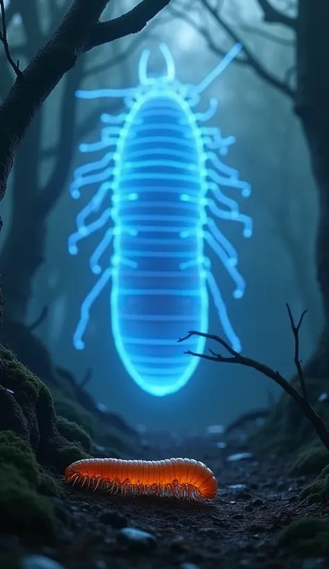 "A photorealistic image of a small, orange millipede positioned in the foreground, its delicate, segmented body and intricate textures captured in stunning detail. The millipede faces a colossal, translucent blue glowing  centipede in the background, its m...