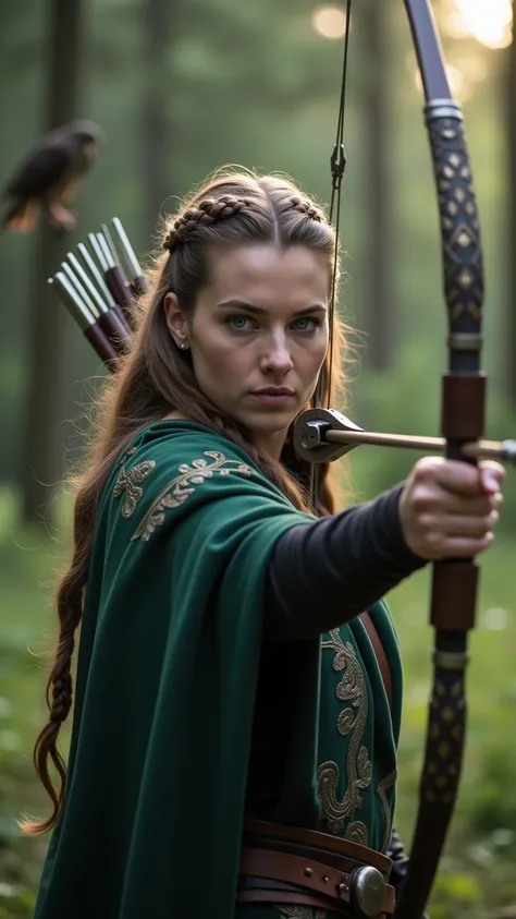  Helga is a legendary Nordic warrior she wears a green and black robe with a sea serpent coat of arms ,  she has long light brown hair with a braid hairstyle in Viking fashion ,   she is preparing to shoot an arrow with her bow  , In the background a hawk ...