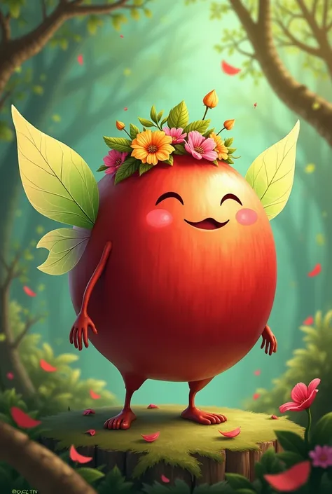 Create a cartoon fairy red apple man with translucent green wings and a flower crown.