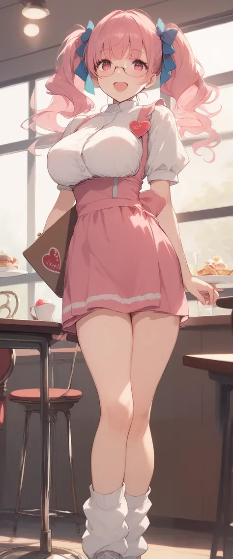 masterpiece, best quality, ultra detailed 8k, fantastic atmosphere, (perfect fingers, perfect hands), cute girl, (pink hair, twintails with large bow), 17yo, pink eyes, droopy eyes, glasses, smile, open mouth, large breasts, large buttocks, voluptuous, h...