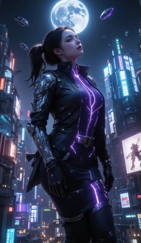 On a full moon night, atop the roof of a bustling cyberpunk city, an 18-year-old woman gazes up at the sky. Skyscrapers line the cityscape, neon signs glowing, casting colorful reflections on the night sky. In the background, a huge holographic advertiseme...