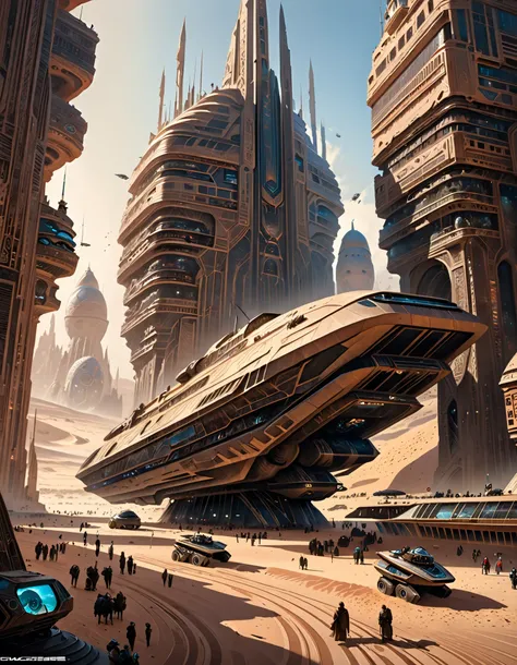 there is a painting of a futuristic city with a giant robot head, jodorowskys dune, insanely detailed matte painting, peter gric and dan mumford, intricate matte painting, jodorowskys dune movie, style of john harris, jean giraud 8 k, hyperdetailed matte p...