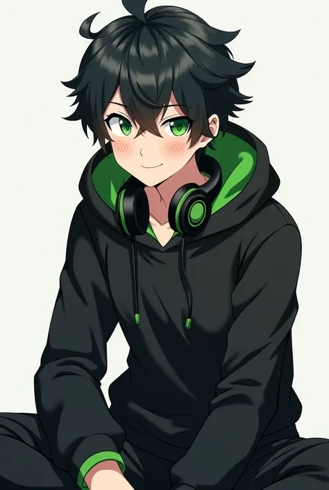 Make a anime boy with green eyes and black hair. The anime boy needs to have a black hoodie with little bit dark green on the edges of the hoodie. The anime boy also needs to have a black pants with black and dark green shoes. The anime boy needs to smile ...