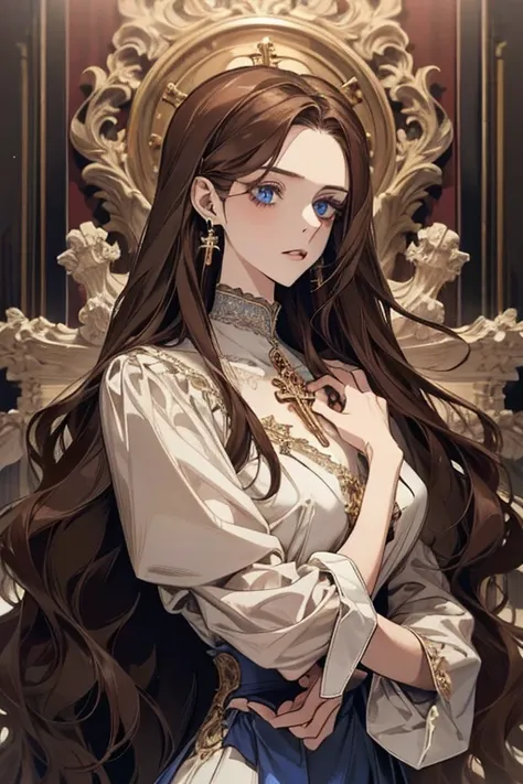 white girl about 25 years old, thin, elegant and beautiful clothes, with crucifix details, crucifix earrings, blind blue eyes, in a European mansion, long wavy brown hair