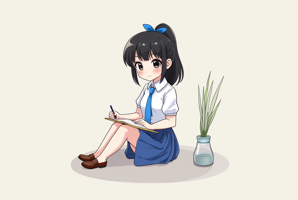 Masterpiece, Top Quality, High Resolution, Very Detailed, Detailed Background,(Fraulem Chrome, (Black Hair, Semi-Long Hair, Blue Ribbon in Ponytail),(White Blouse, Blue Short Ribbon Tie, Blue Long Skirt), Small, Neat, Black Eyes,Studying, Gentle Smile), Sc...