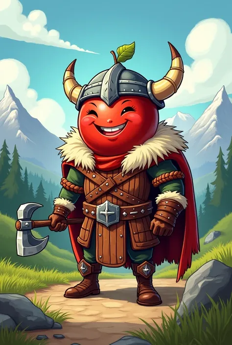 Create a cartoon A Viking apple man with a horned helmet, a battle axe, and a fur cape.