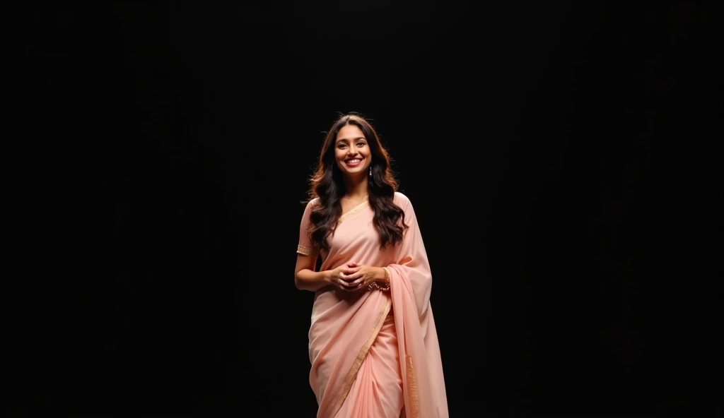 A gorgeous Indian woman, in her early thirties, with captivating beauty and a welcoming warmth. She is dressed in a simple, elegant cotton saree in pastel tones, paired with a matching blouse, exuding grace and professionalism. Her thick, long, luscious, w...