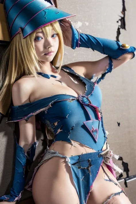 R18, sexy, (((( dark magician girl)))),((((real)))), 8k octane ,  Portrait Photos ,  ((pretty girl))、((beautiful Japanese middle school girl)), (((blond)))、((((Tattered Dark Magician Girl Outfit))))、((((Broken clothes))))、(((Broken clothes)))、(show off pan...