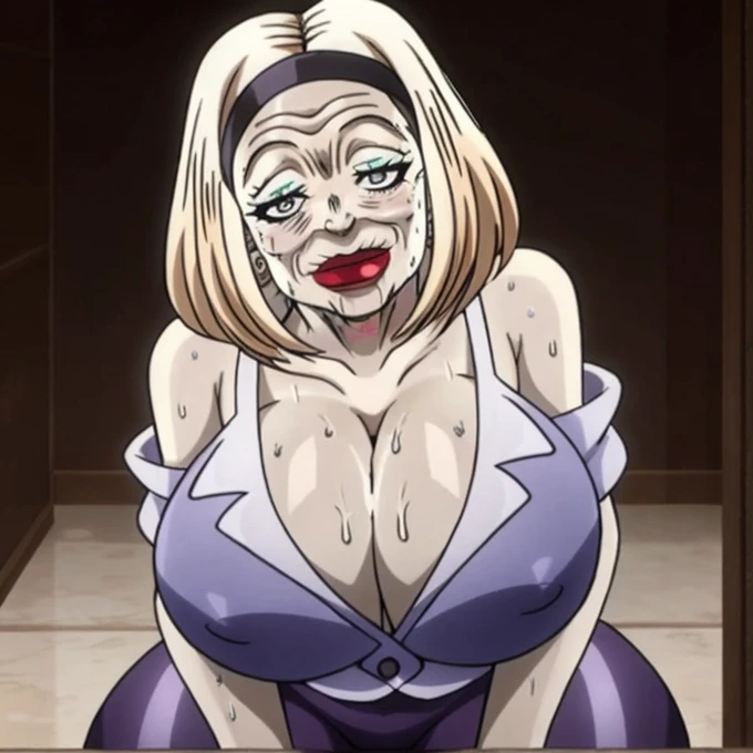 anime, elderly, ,  red lipstick , wrinkles, sweat,  Shiny skin ,  looks at the viewer (thick hips: 1.0, huge breasts: 1.0)