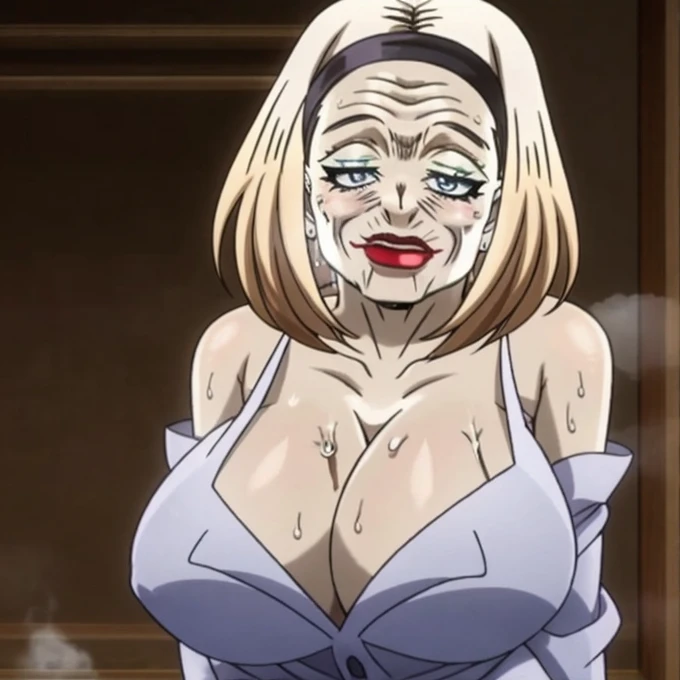 anime, elderly, ,  red lipstick , wrinkles, sweat,  Shiny skin ,  looks at the viewer (thick hips: 1.0, huge breasts: 1.0)