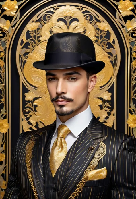 A portrait of a dashing man inspired by the Art Nouveau style, dressed in an elegant three-piece pinstripe suit with intricate golden chain details. The man has a serious and confident expression, with chiseled facial features. He wears a black flat cap an...