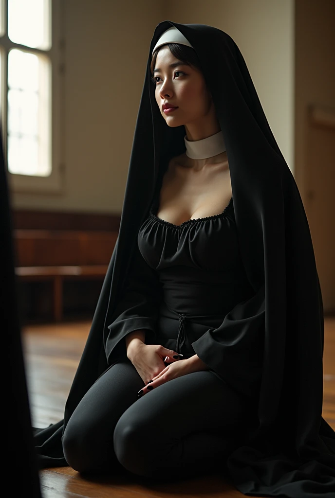  is a Japanese nun kneeling and praying at the church. She is frontal. Priest in Black Shadows who wants to rape her from behind . Erotic. luxurious black lingerie