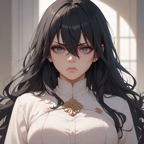  long hair,  black hair,  bangs between eyes,  troubled face