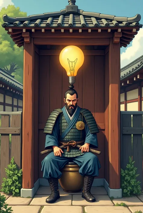 A humorous depiction of a Japanese samurai sitting thoughtfully in a traditional wooden toilet, with a light bulb icon glowing above his head to symbolize a great idea. Background shows a rural Edo-period setting.