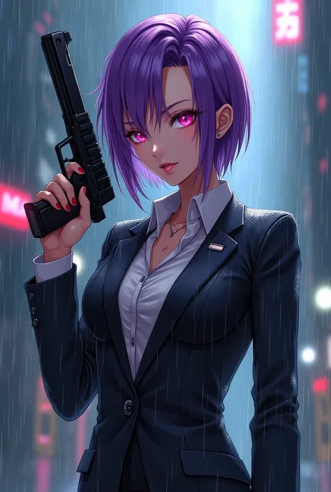 Anime Woman Purple Hair Pink Eyes Suit Smoking In Rain Holding Gun