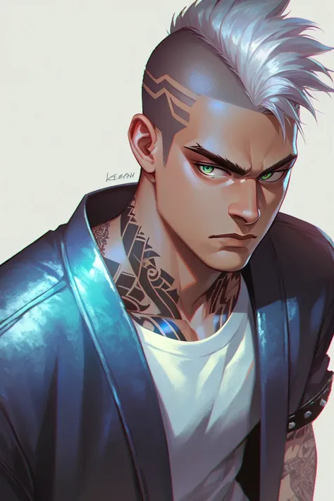 1man, Mohawk, Silver Hair, dark skin, muscular, yakuza tattoos, keen eyes, pastel green eyes, Serious, High Resolution, Simple background, Best Quality, punk, rapper, modern clothes 