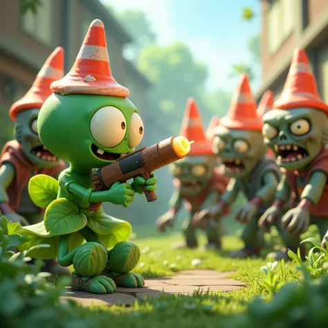 (photorealism:1.2), plants vs zombie, peashooter shooting mint ice cream to zombies, zombies wearing traffic cones on their heads