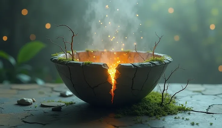 A spiritual interpretation of the cracked pot as a metaphorical globe, with cracks glowing and life emerging from them."

