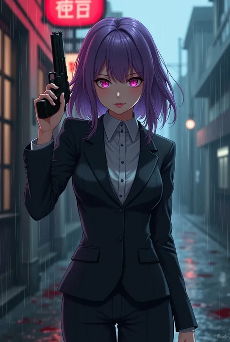 Anime woman, purple hair, pink eyes, suit, smoking in the rain, holding a gun, stained with blood