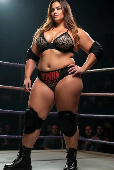 Female pro-wrestler, Strong aggressive, Heavy weight, giant woman, Big Beatiful Woman, Height : 192cm, Weight : 140kg, Thick thighs, Big butt, Thick arms, Thick neck, Thick chest,  She is a little muscular, Whole body is covered in sweat, Patterned G-strin...