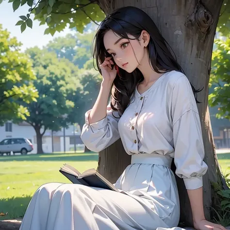 1girl, Solo, reading a smart phone and waiting some one under neath a tree. Weating long blouse untucked over her long skirt.