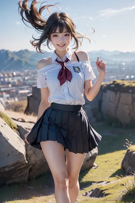 ((( top quality ))), ((masterpiece)), ( Details), ((solo)), ((((( high school girl in a school uniform))))), ((Slender body)), ((((((((Skirt swaying in the wind)))))))), (( white skin)), Mysterious Light, ((((((Angle of view that includes face and whole bo...