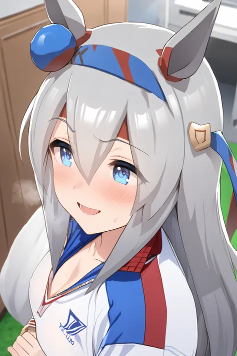 NSFW,masterpiece, top quality , High Definition , very detailed, tamamocross (Uma Musume)、Horse&#39;s ears、 ear covers、 horse tail、Gray Hair、 long hair、 hair bow、 hair between eyes、 blue eyes、 hair ornament、 headband,Track and field club, uniform ,smile,bl...