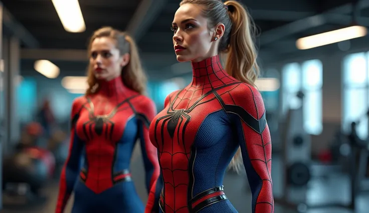  1 very muscular sexy bodybuilder girl with big boobs and ass in sexy spiderman costume, heavy weight lifting swat pose  , next to a girl holding a thin body weight in a spiderman costume ,  in bright gym 
