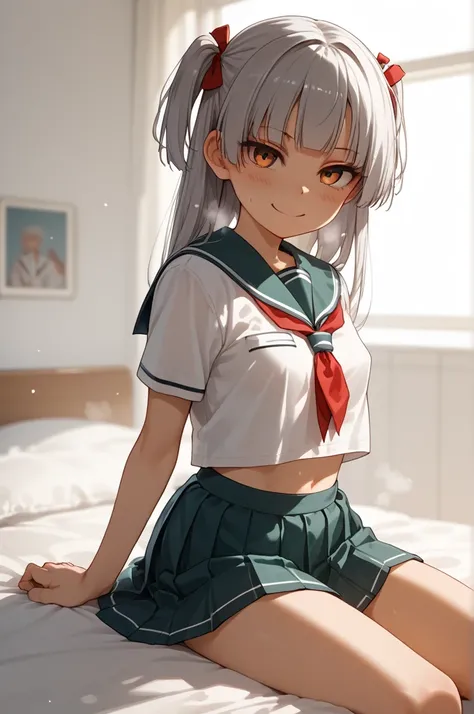 masterpiece, top quality ,( one girl),school uniform, on the bed,1girl,(((Sanpaku))),ideal ratio body proportions,petites,slender,small breasts,two side up,,silver hair,seductive smile,loli,in heat,nsfw