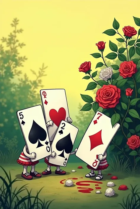 Create a 2D cartoon depicts three playing cards (Five, Seven, and Two of Spades) personified as human-like characters. They are painting white roses red on a rose bush in a garden setting, likely referencing the story of "Alice in Wonderland." The characte...