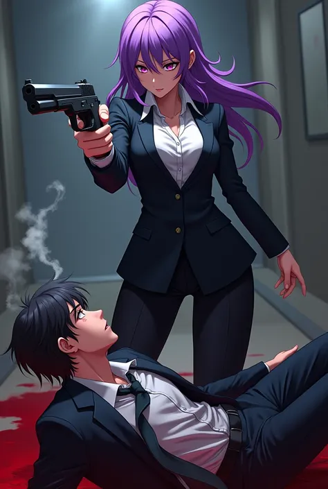 Anime woman, purple hair, pink eyes, suit, smoking, holding a gun, shooting a man stained with blood 