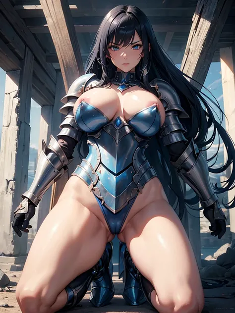 Female armor knight、Blue shiny armor、 topless、 armor with exposed nipples and pubic areas、Large female warrior、 Big Breasts 、 Lower Body Naked、Big Breasts、 black hair long、Big Breasts、 lapis lazuli-studded circle holding flails、She is squatting with her le...