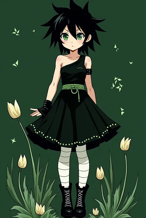 Anime: brutish punk girl with spiky black hair, green eyes, armless black dress with spiky green belt, white tights, fishline tights and black boots. The dark green background has a motif of dead buttercups and broken stars.