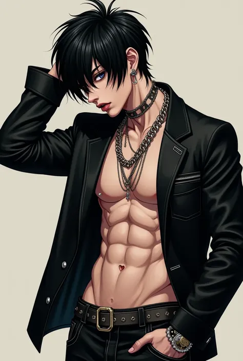 Handsome guy, black hair with bangs that cover one eye, abs and muscular, jacket exposing chest and abs, piercings on lips nose ears, wearing chains, punk, fierce looking, heart full lips, looking down on you, hand hold the back of his head and the other i...