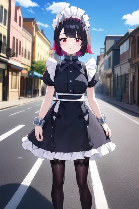 ellenjoe, ellen joe, black hair, colored inner hair, multicolored hair, (red eyes:1.3), red hair, short hair, two-tone hair,
BREAK bapron, black pantyhose, black shirt, black skirt, ear piercing, fins, fish tail, maid, maid apron, maid headdress, pantyhose...